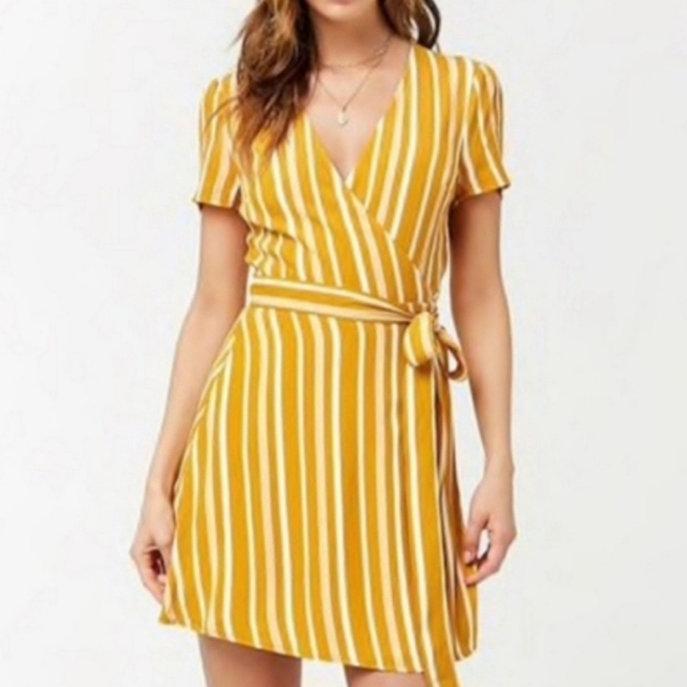 Forever 21 | Wrap Striped Vneck Dress Mustard M